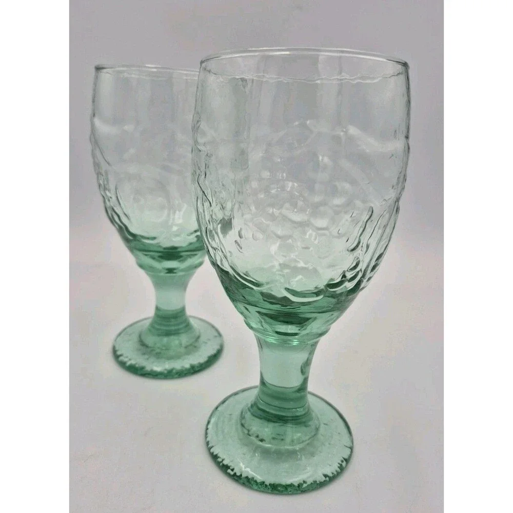 Set of 2 VTG Libbey Glass Orchard Fruit Pattern Green Tinted Footed Goblets 7